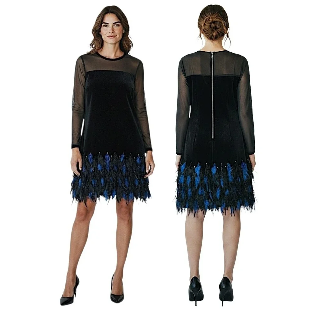 Tahari Velour Dress 12 Black Velvet Blue Feathers Mesh Long Sleeve Cocktail Mini - Picture 15 of 15
